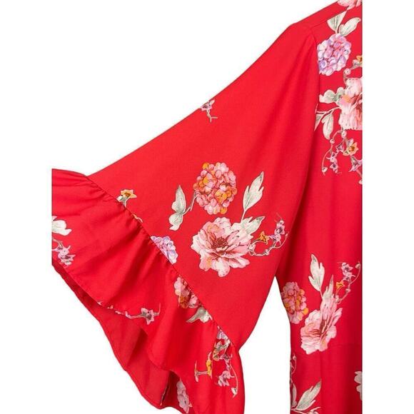 Pleione Coral Pink Wrap Blouse Floral Print Women Medium Ruffle Sleeve Flowy - Picture 3 of 13